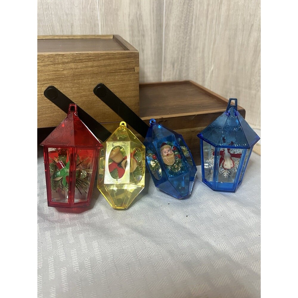 (4) VTG Jewel Brite Lantern Diorama Christmas Ornament Santa Elf Bells Flower
